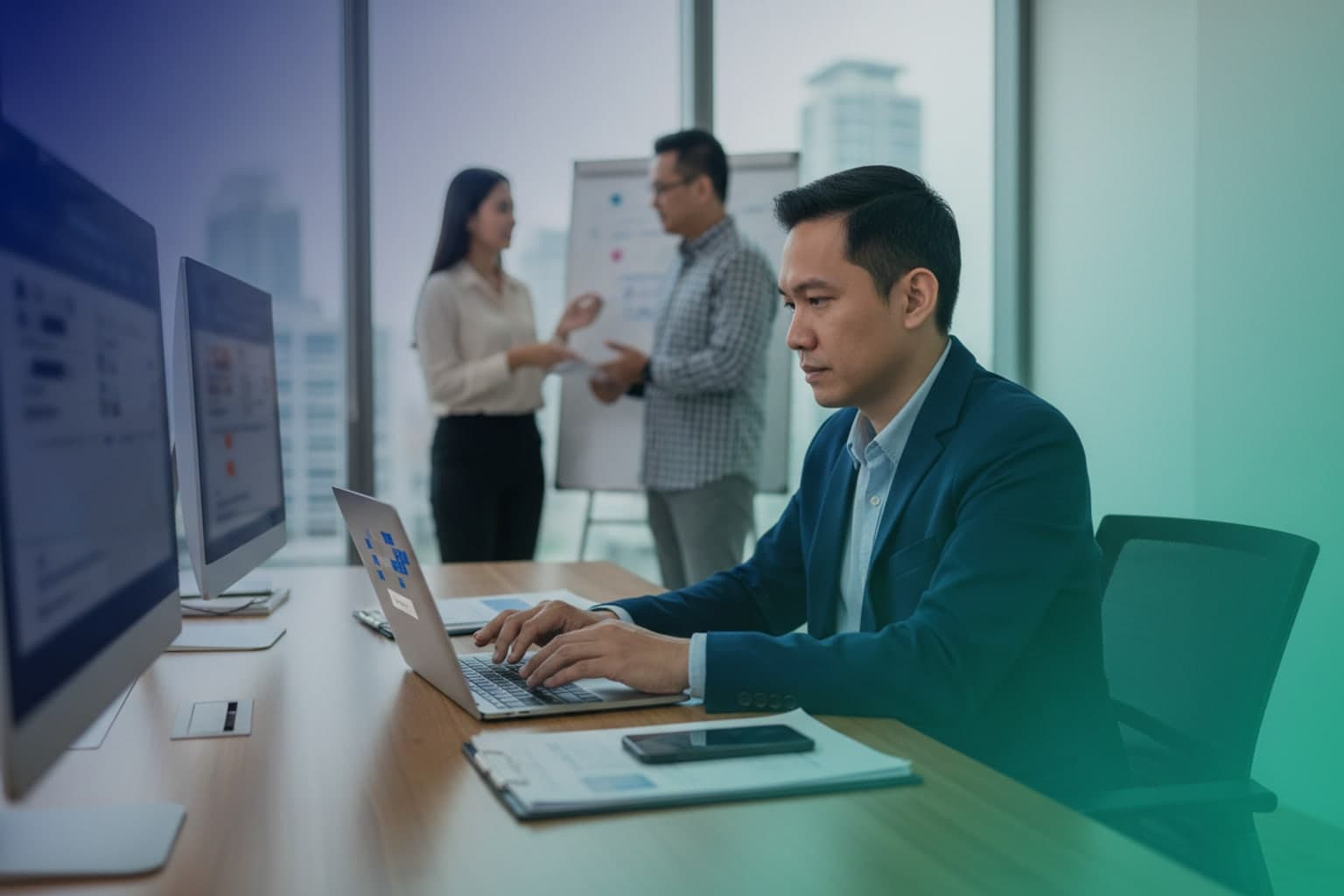Filipino security and data governance professionals mapping sensitive data repositories to encryption keys on office monitors