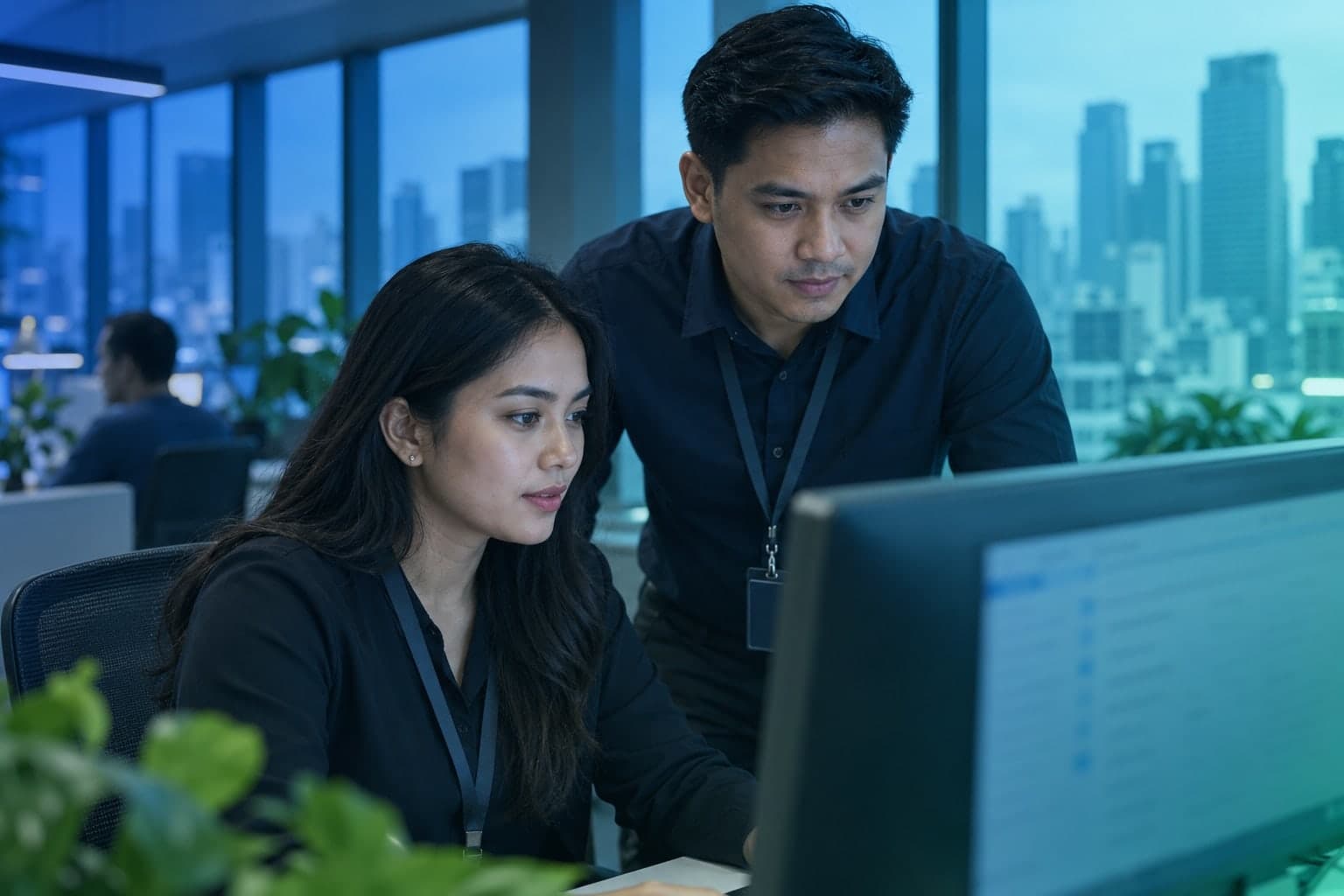 Seated woman and standing man reviewing a blurred desktop screen in a blue-and-teal corporate office