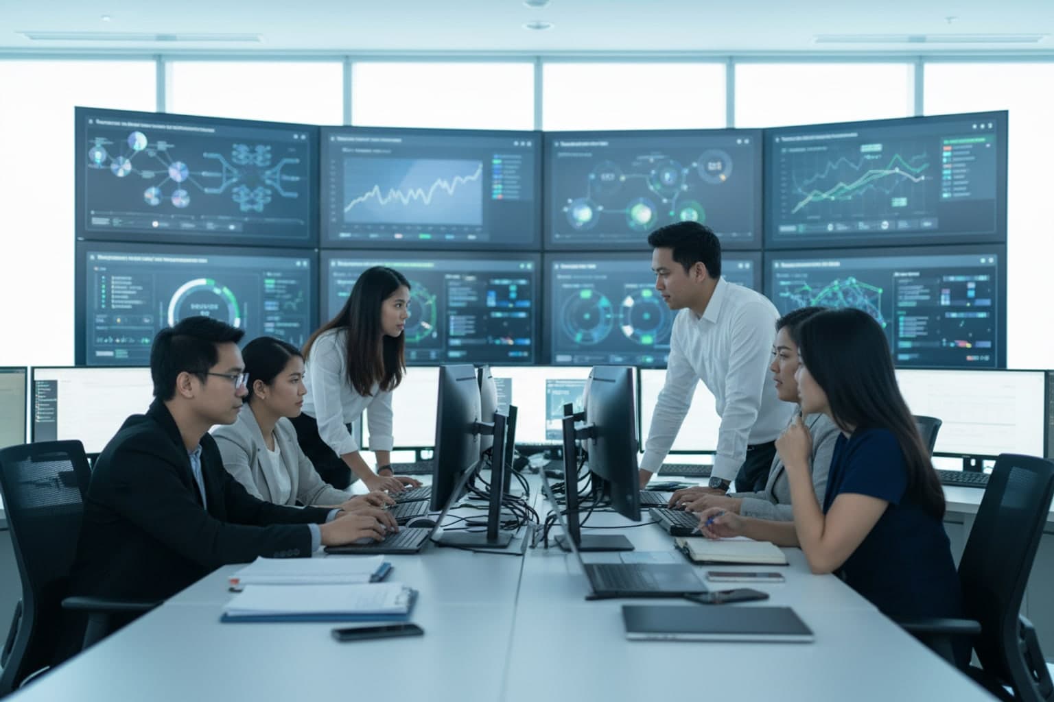 Filipino cybersecurity analysts reviewing vulnerability risk indicators on multiple monitors in a Metro Manila security operations center