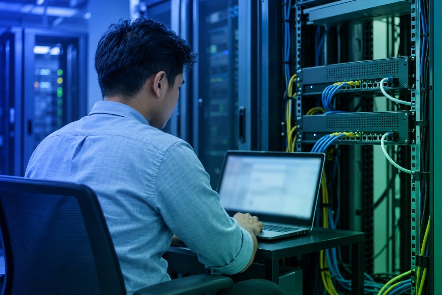 Network engineer using a laptop beside two cabled network appliances in a blue-and-teal equipment room