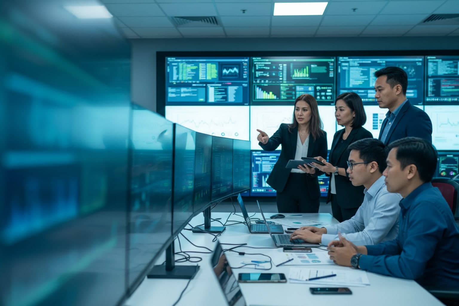 Filipino security operations team coordinating a DDoS incident response across network monitoring screens in a corporate operations room